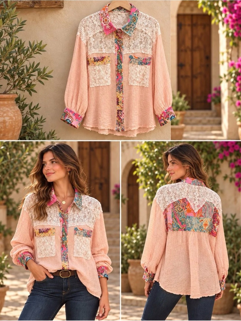 POL Lace Yoke Peach Floral-Trim Women's Blouse